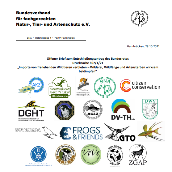 Offener Brief zum Entschließungsantrag des Bundesrates Drucksache 697/1/21 „Importe von freilebenden Wildtieren verbieten – Wilderei, Wildfänge und Artensterben wirksam bekämpfen“